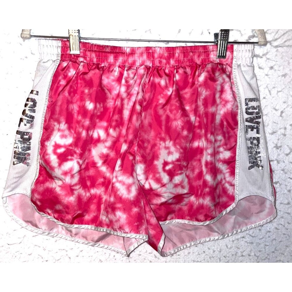 VICTORIA SECRET PINK Campus Running Shorts Sport SEQUIN BLING Tie Dye Mesh Lined